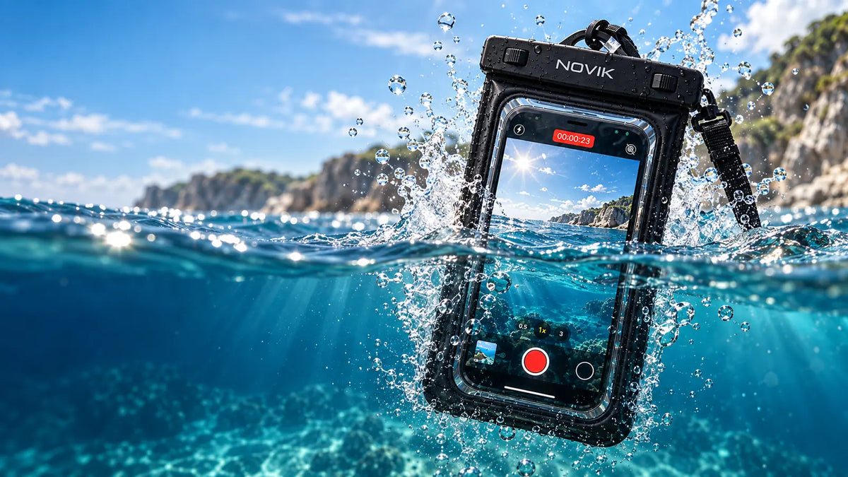 NOVIK waterproof phone case emerging from the ocean